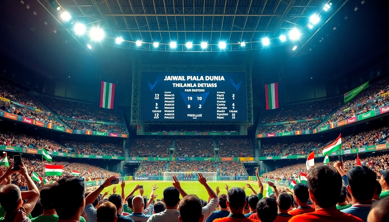 Jadwal piala dunia ditampilkan di papan skor yang dikelilingi oleh penggemar sepak bola.