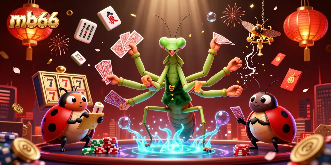 Experience dynamic gaming at mb66 with a 3D mantis dealer amidst vibrant casino elements.