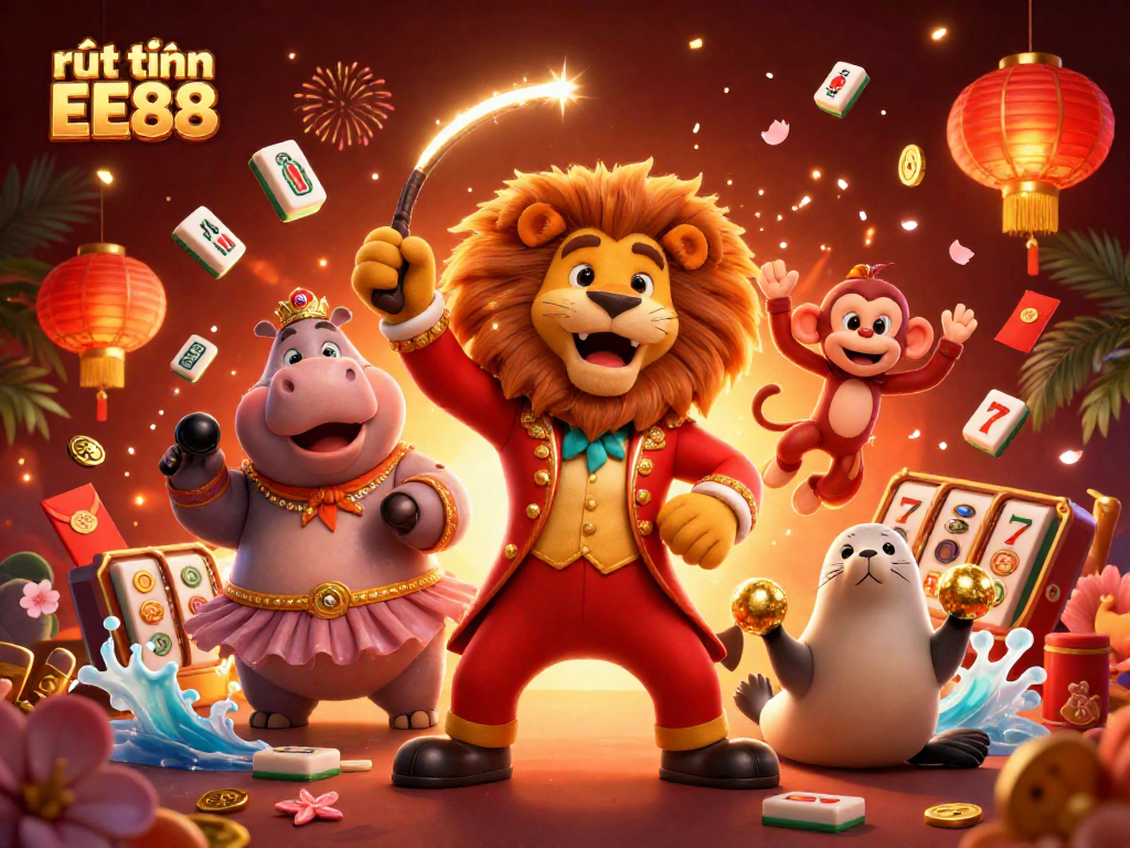 Engaging artwork showcasing rút tiền EE88, filled with 3D characters enjoying casino games.