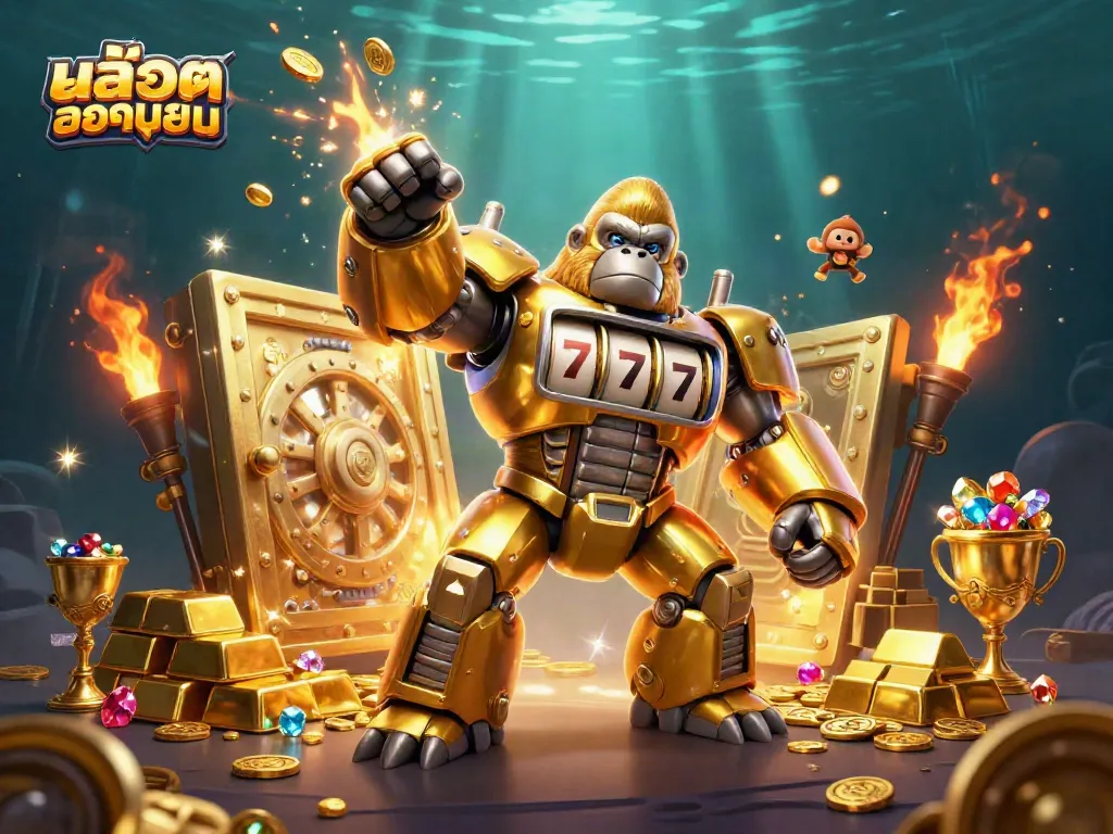 Experience the thrill of สล็อตยอดนิยม with a vibrant and dynamic 3D illustration of a golden gorilla mech and treasure.