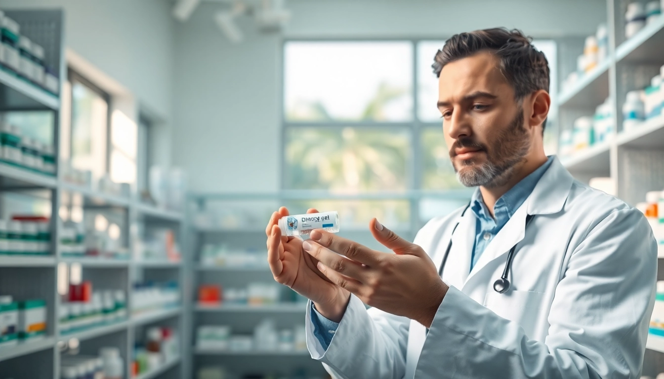 DMSO gel, displayed with a focused pharmacist in a bright pharmacy setting.