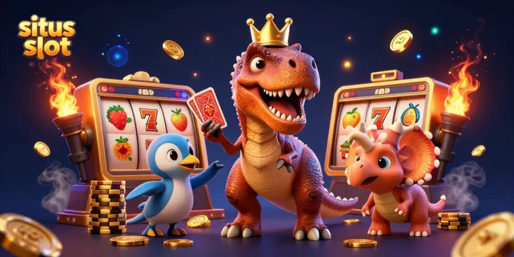 Experience the fun of situs slot with a T-Rex shuffling cards and exciting slot elements.