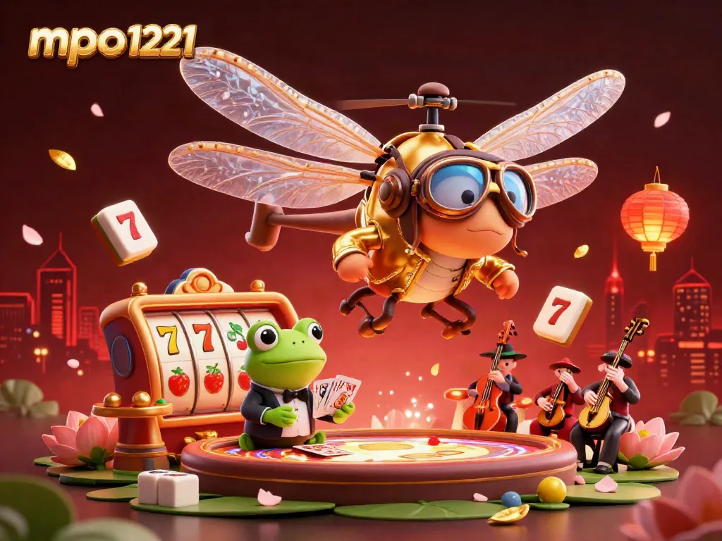 Experience excitement at mpo1221 as a dragonfly pilot hovers over a vibrant lily pad casino with a frog croupier.