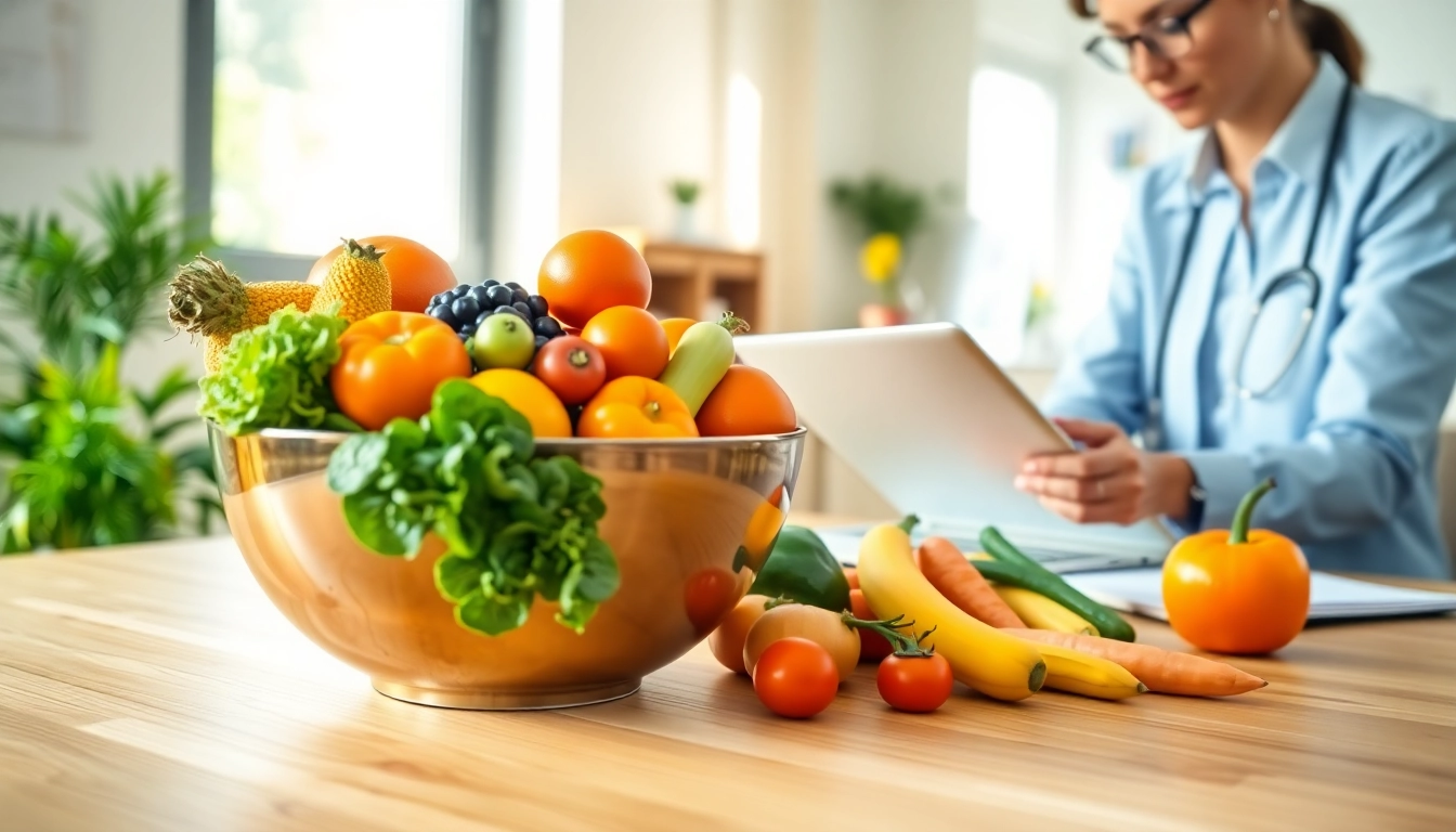 Nutritionist analyzing an initial nutrition plan with fresh produce in a bright office.