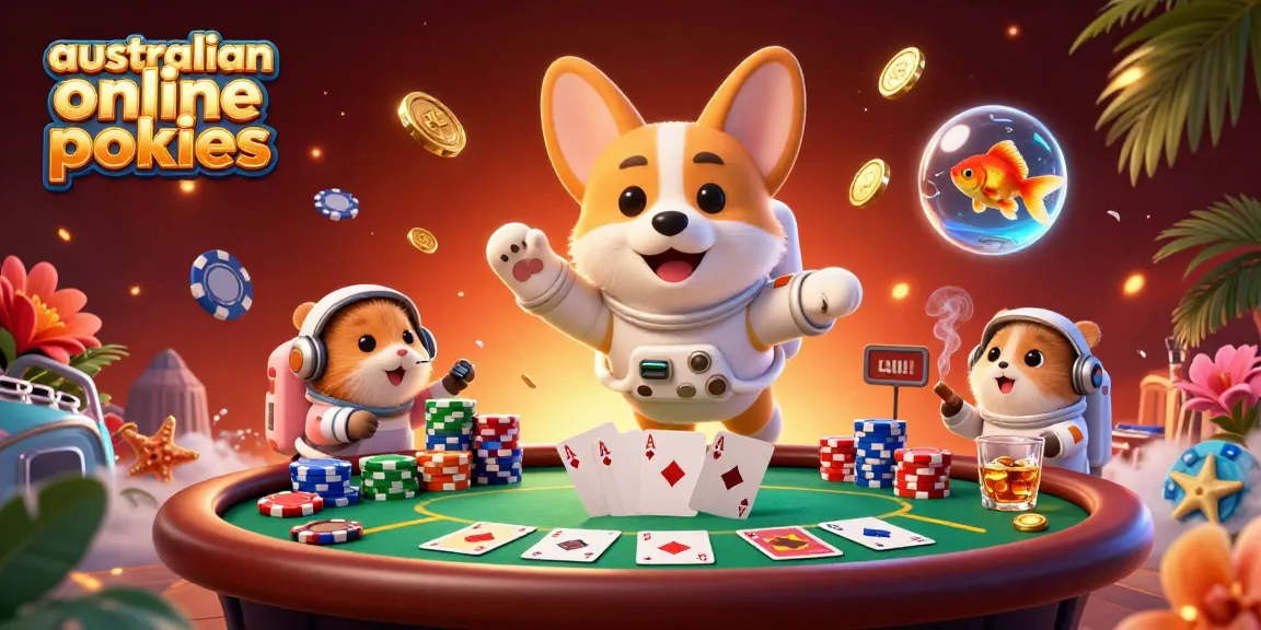 australian online pokies scene featuring a space station casino with corgi astronaut, colorful poker chips, and vibrant game elements