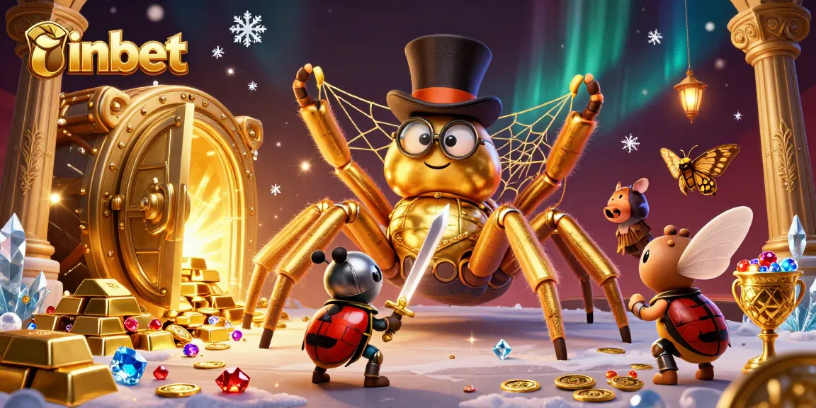 Bet on the vibrant inbet scene showcasing a giant golden tarantula weaving wealth amidst a thrilling casino environment.
