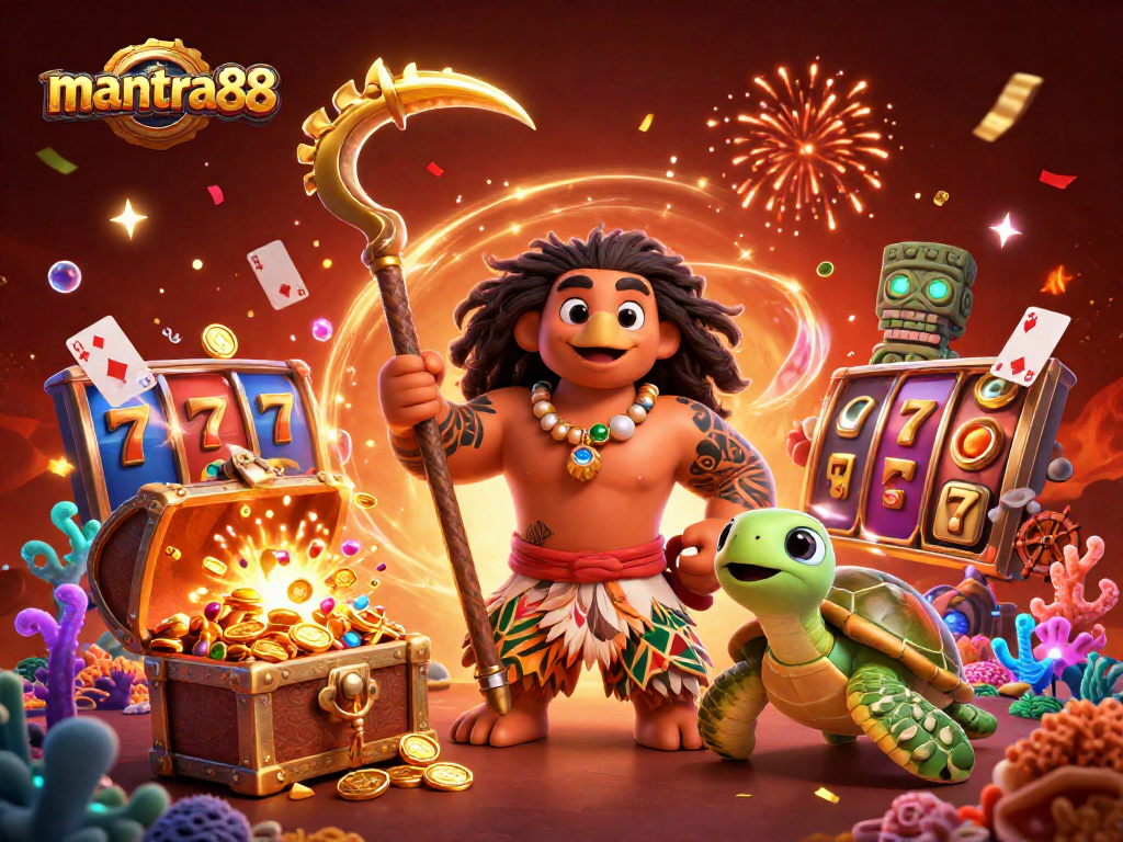 Experience thrilling slots at mantra88 with a vibrant scene featuring demigod and casino elements.