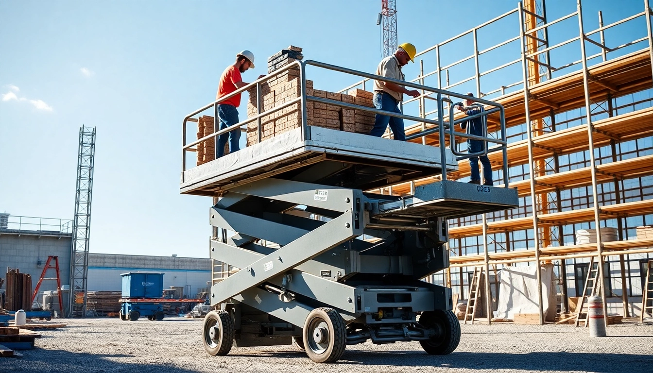 Workers using a scissor lift in construction for material handling and efficiency.