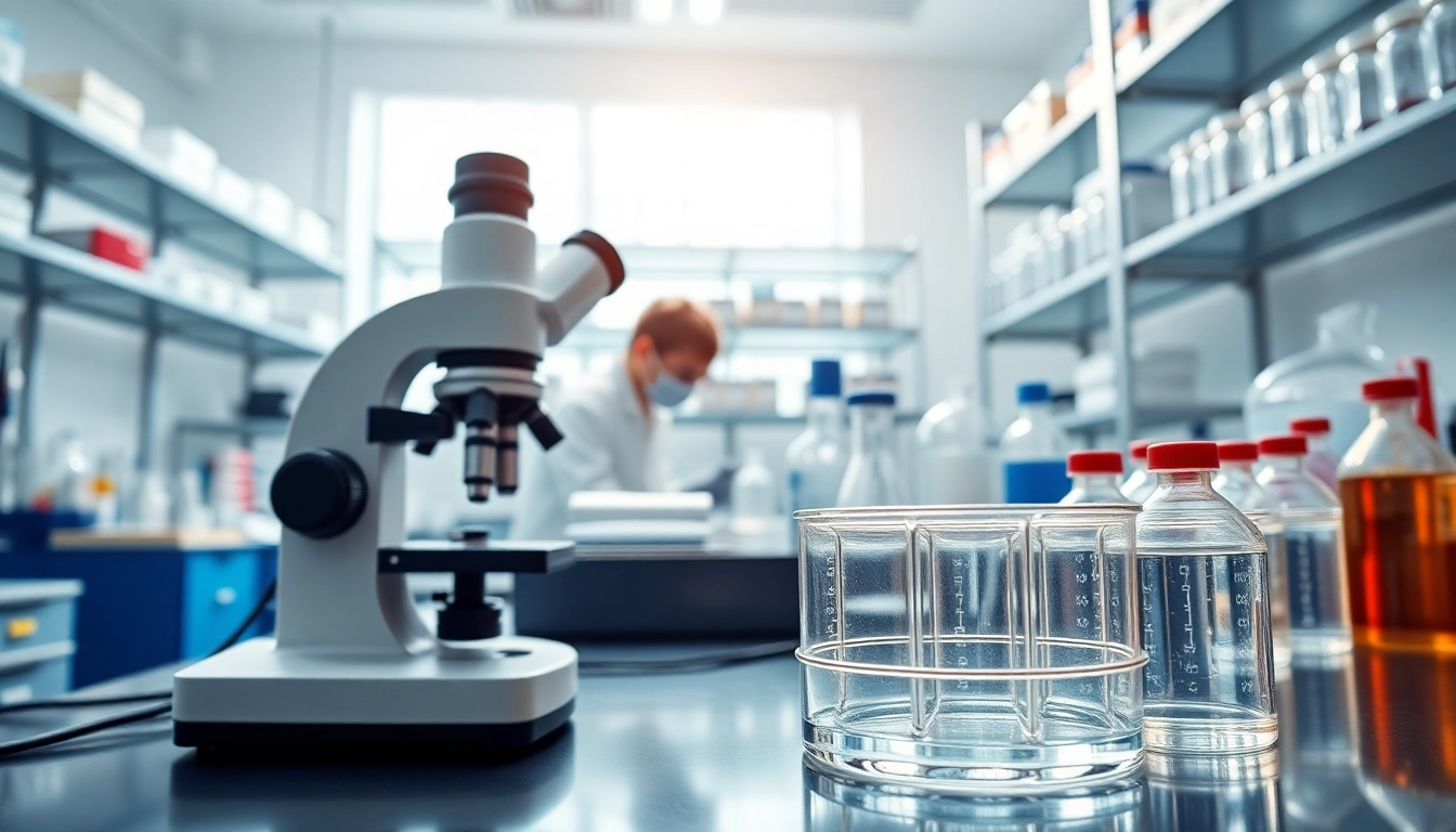 Researching peptides at https://peptideprice.store/ with scientists and advanced lab equipment.