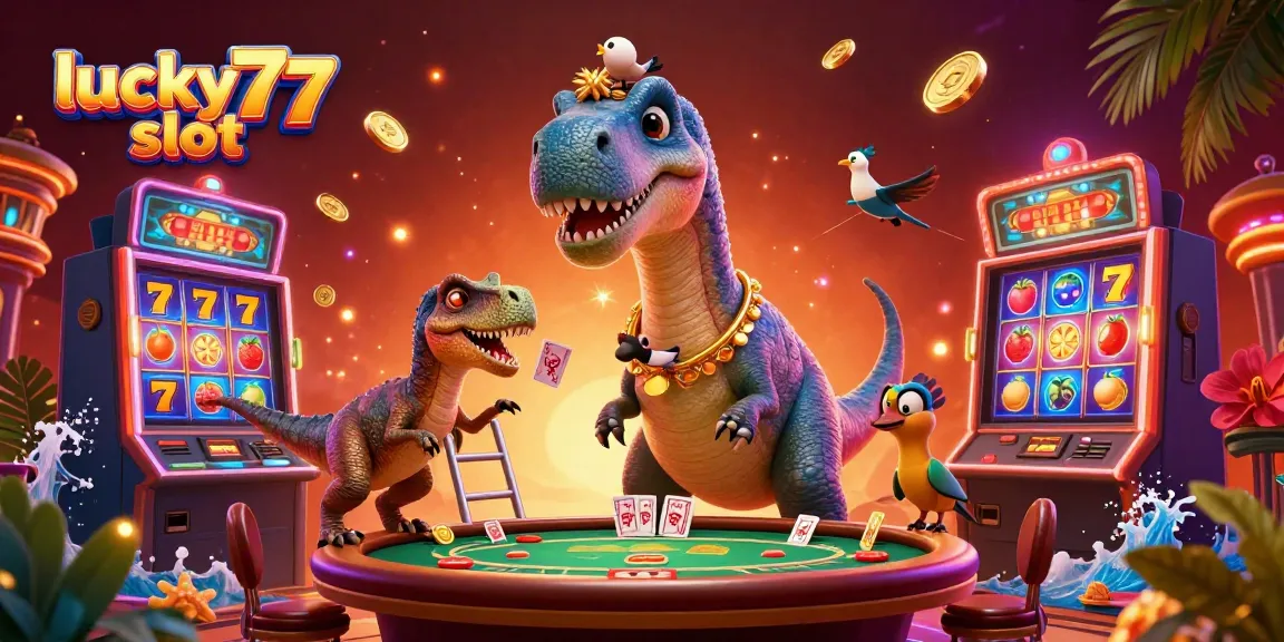 Action-packed scene featuring lucky77 slot, showcasing bright slot reels and characters immersed in casino excitement.